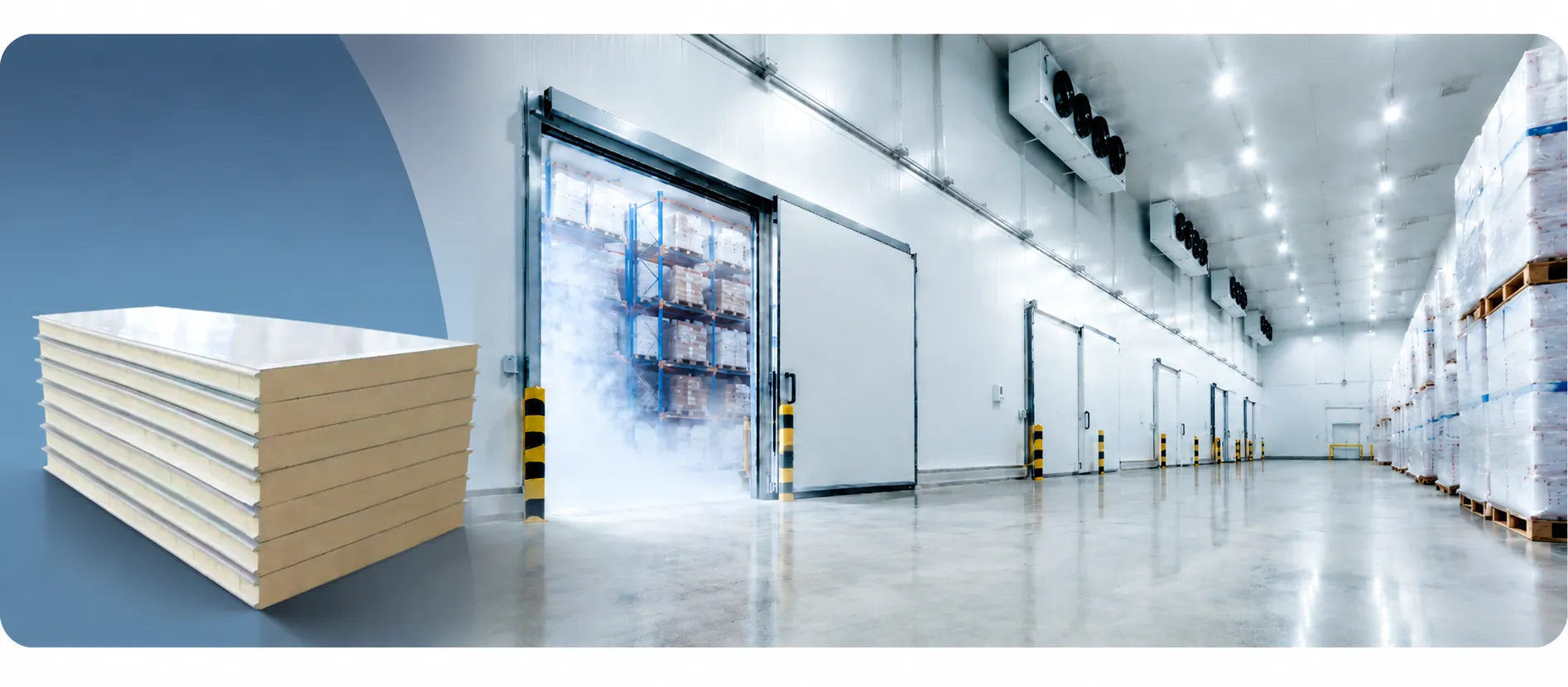 Insulated cold room panels and refrigerated storage corridor