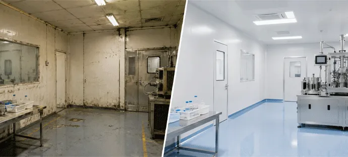 Cleanroom interior before and after insulated panel installation