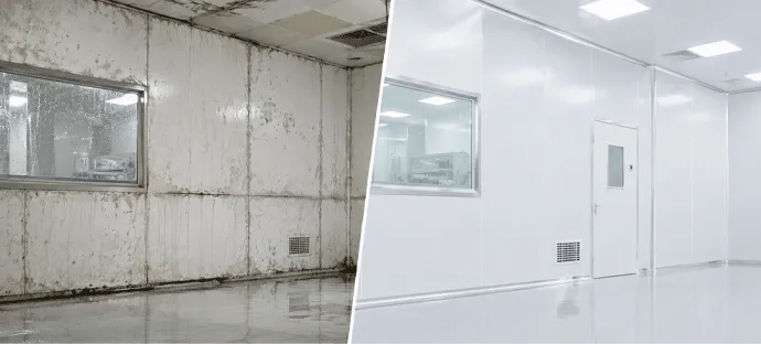 Cleanroom wall before and after panel renovation