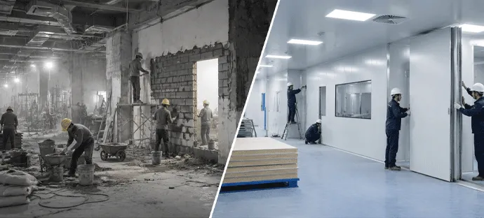 Cleanroom interior during and after panel construction