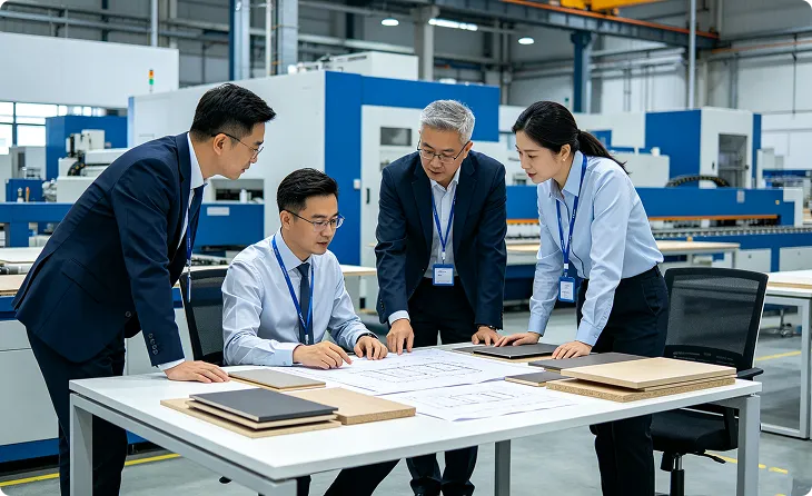 Engineering team reviewing custom panel accessory drawings