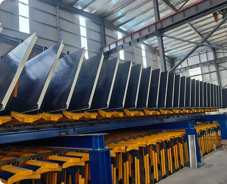Panels moving along a factory production line