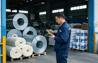 Factory worker inspecting stored metal coils and materials