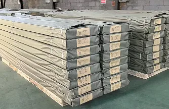 Finished insulated panels stacked inside the factory