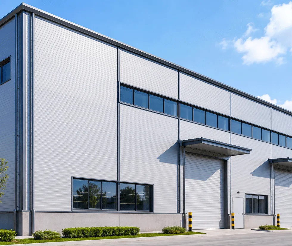 Modern industrial building clad with insulated metal panels
