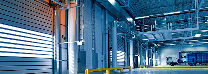 Modern industrial facility interior with metal wall panels