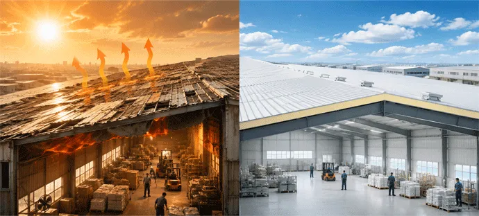 Industrial roof before and after insulated panel replacement