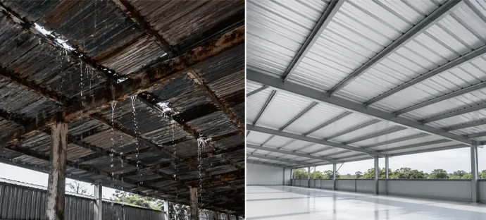 Industrial roof underside before and after panel installation