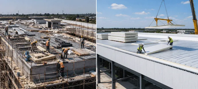 Fuqiang insulated roofing panels lifted into place
