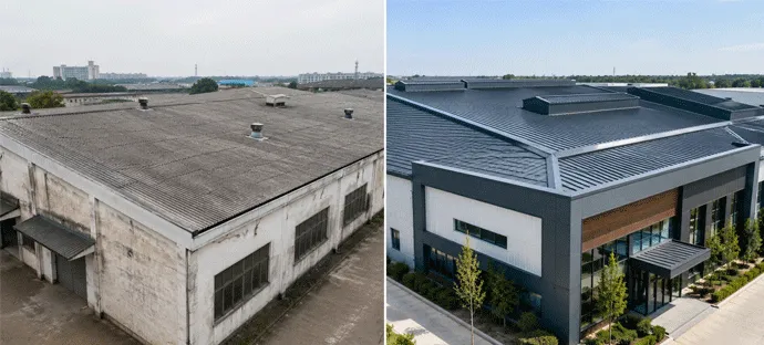 Industrial roof before and after insulated panel renovation