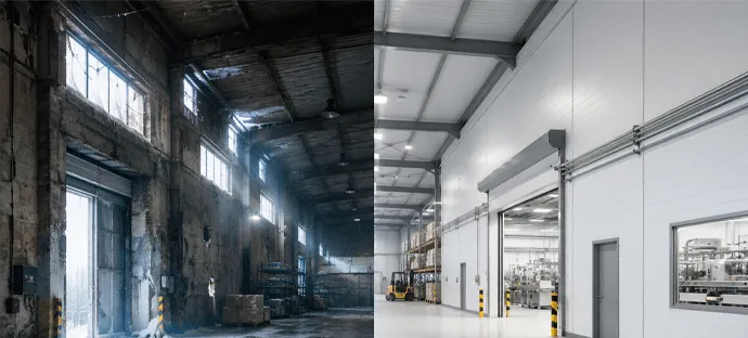 Industrial warehouse interior before panel renovation