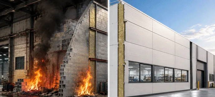 Industrial building wall before and after insulated panel renovation