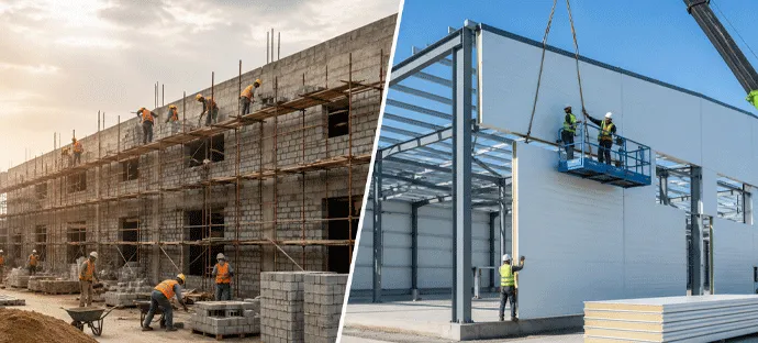 Insulated wall panel installation on an industrial steel frame