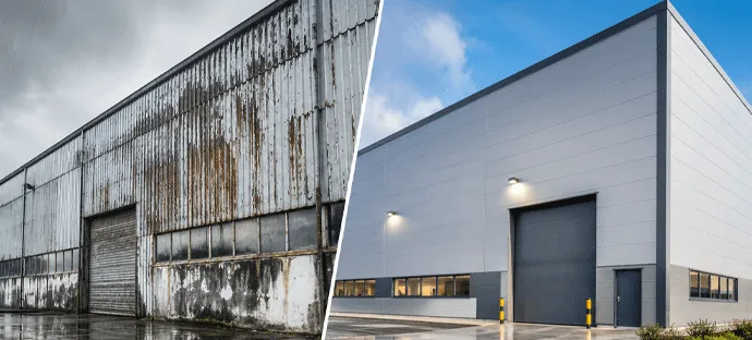 Industrial building facade before and after panel renovation