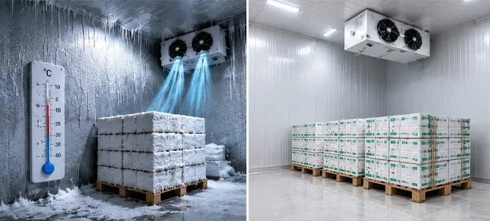 Refrigerated storage room before and after insulated panel installation