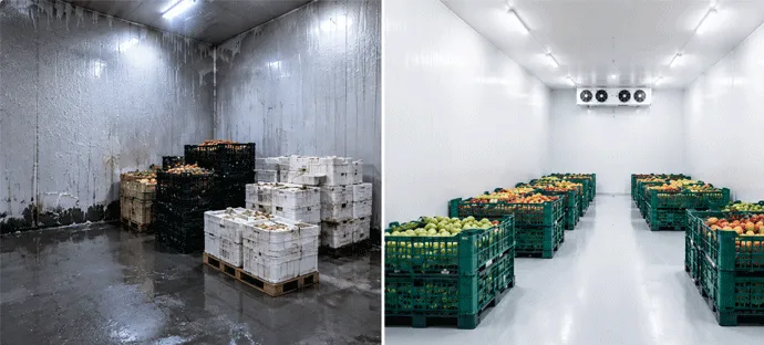 Cold storage room before and after panel installation