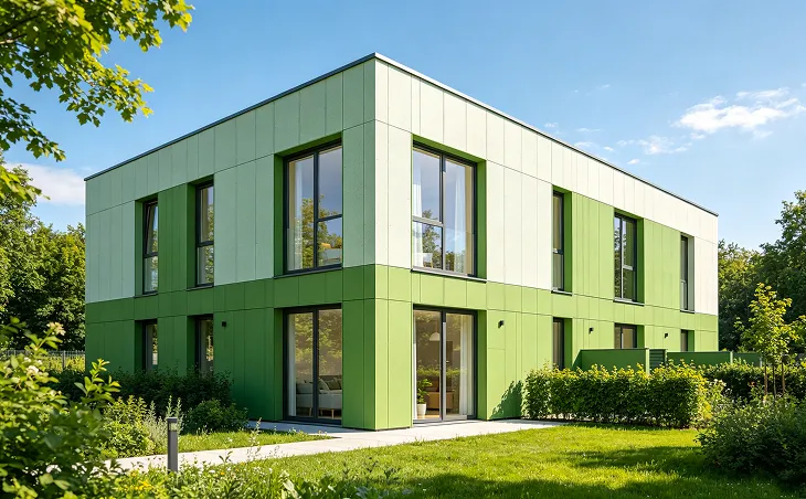 Modern green-clad building in a landscaped setting